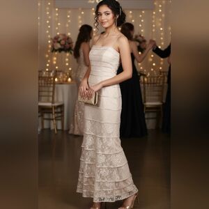 JS Collections Gold Cream Irridessant Floral Lace Tiered Mermaid Dress 6